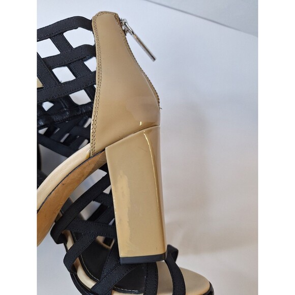 DONALD J PLINER Leather Caged Chunky Heels Sz 9.5M Black/Tan Zip Party Office - Picture 12 of 12